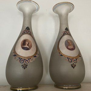 2 1880s hand-blown & painted antique Moser art glass vases w/Victorian portraits